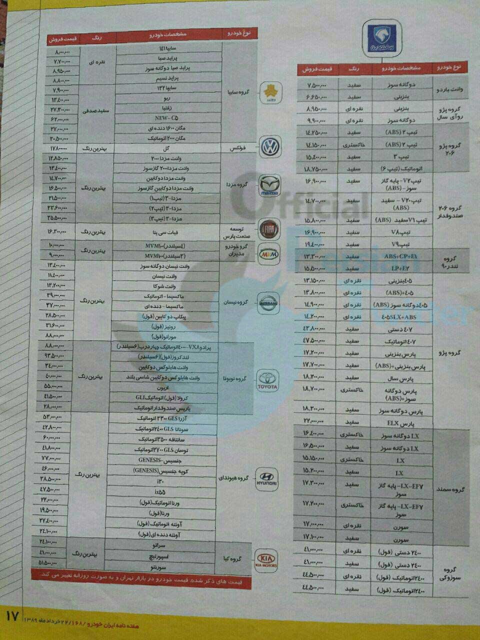 لیست قیمت خودرو در سال ۸۹/ عکس