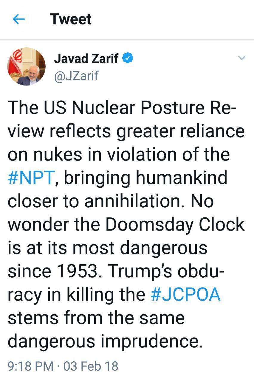 روایت توئیتری ظریف از اتکای بیشتر آمریکا به سلاح هسته ای و نقض معاهده ان. پی. تی