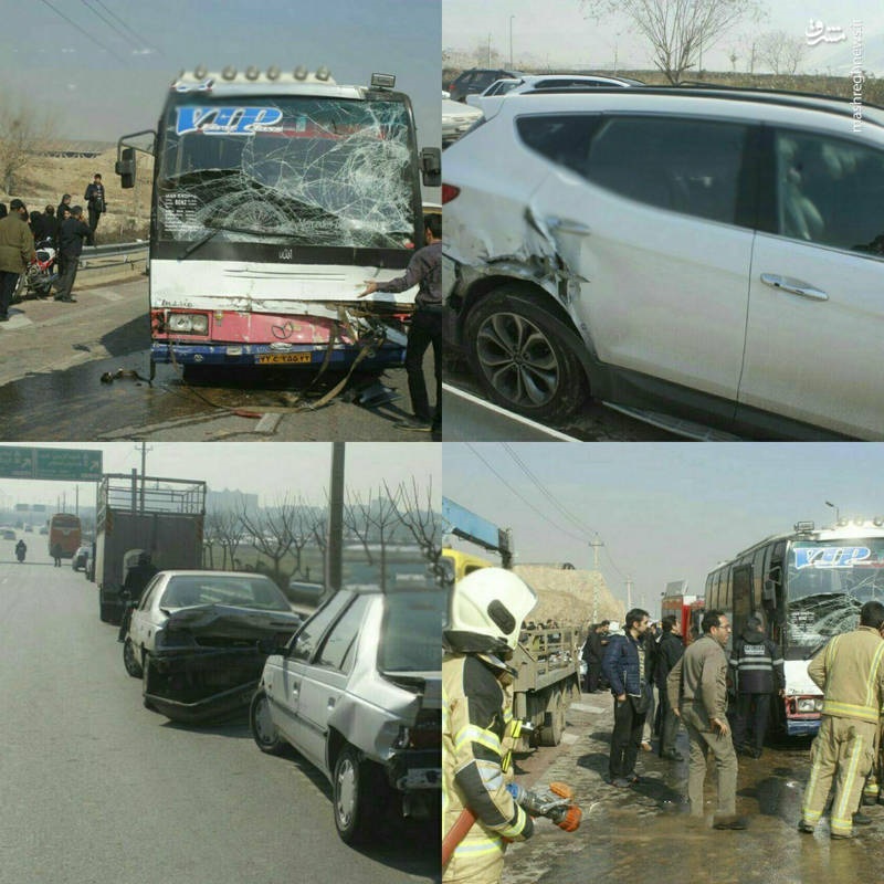 عکس/ تصادف زنجیره‌ای ۱۰ خودرو در اتوبان امام علی(ع) تهران