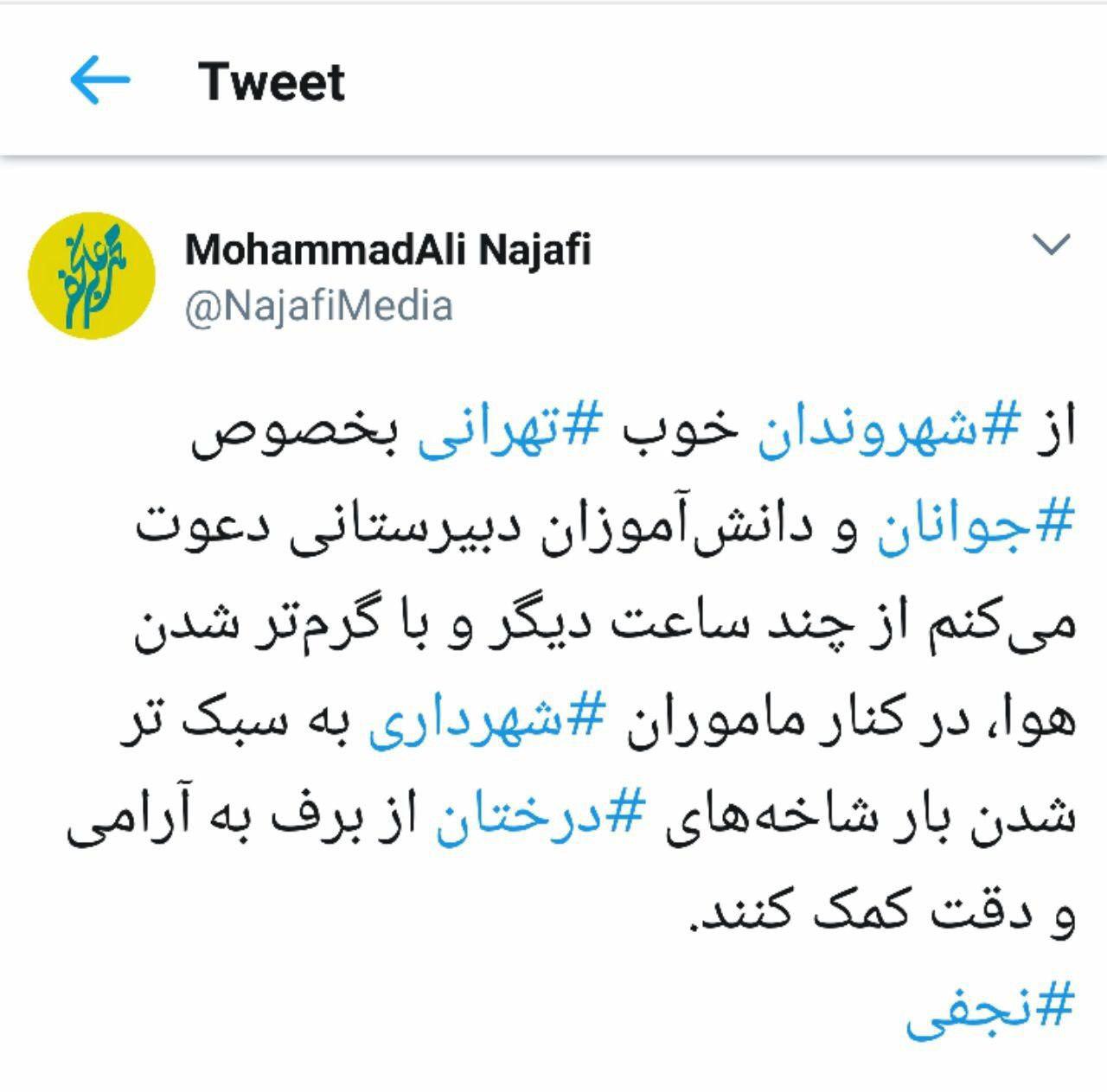 دعوت شهردار تهران از جوانان تهرانی برای کمک به برف‌روبی از درختان شهر