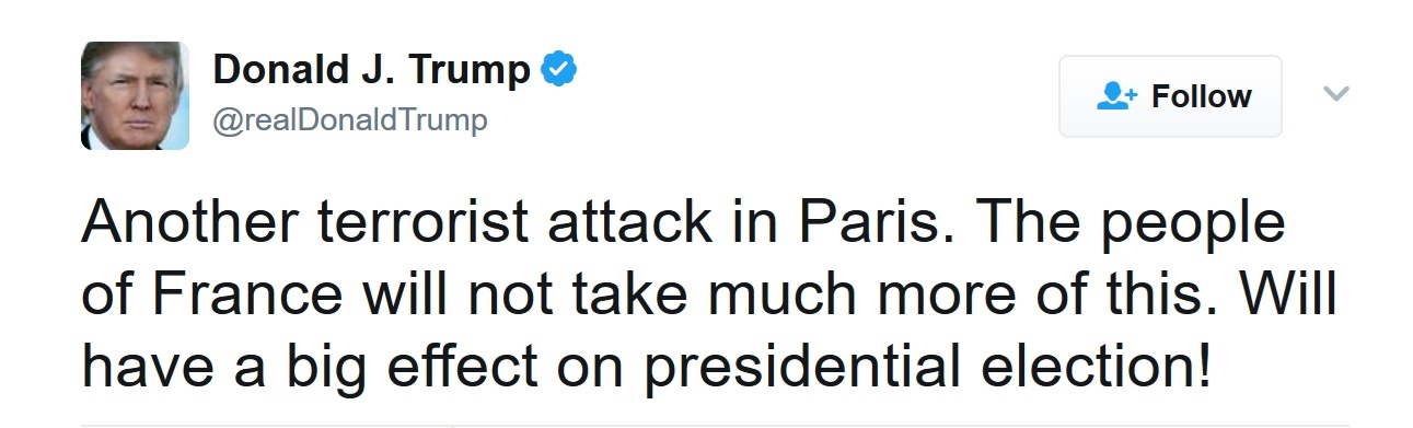 عکس /واکنش توییتری ترامپ به حمله تروریستی در پاریس