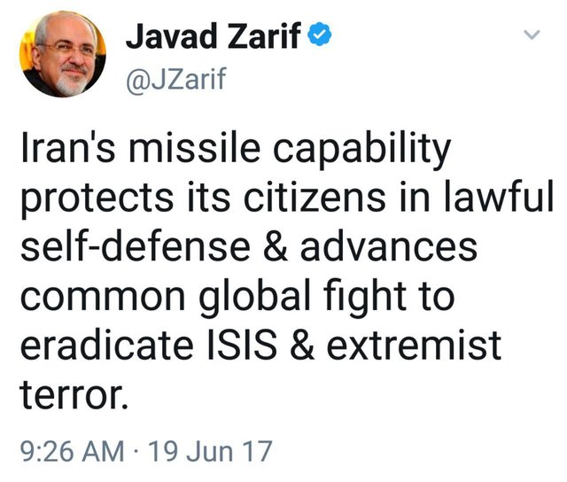 توئیت ظریف درباره حمله سپاه به‌ داعش: توان موشکی ایران از شهروندانش دفاع می‌کند