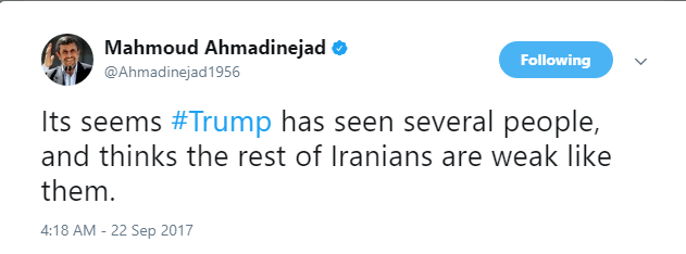 واکنش توئیتری احمدی نژاد به سخنان ترامپ/عکس