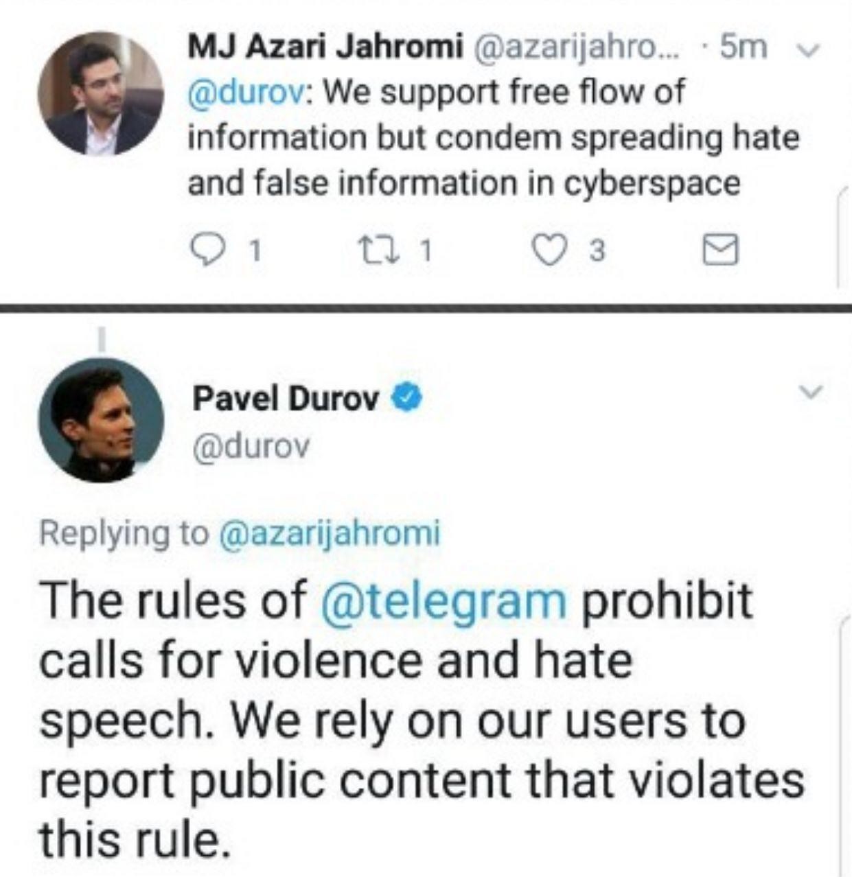 پاسخ مدیر تلگرام به وزیر ارتباطات درباره دروغ پراکنی در فضای مجازی + تصویر