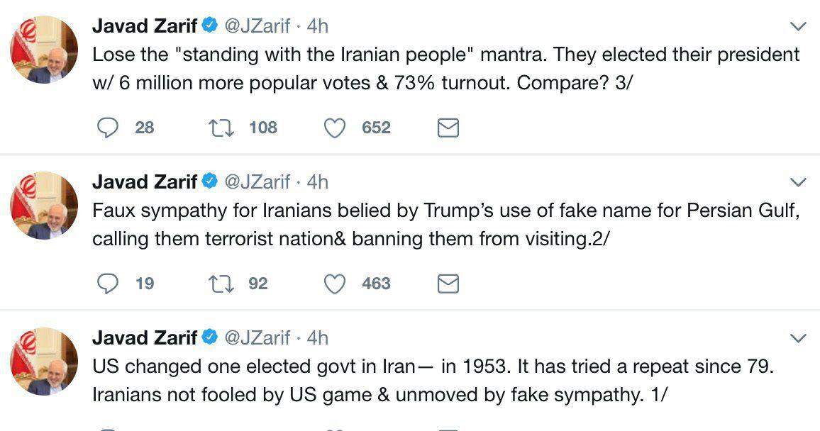 پاسخ ظریف به ادعاهای آمریکا: از دادن شعار «کنار مردم ایرانیم» چیزی به دست نمی‌آورید