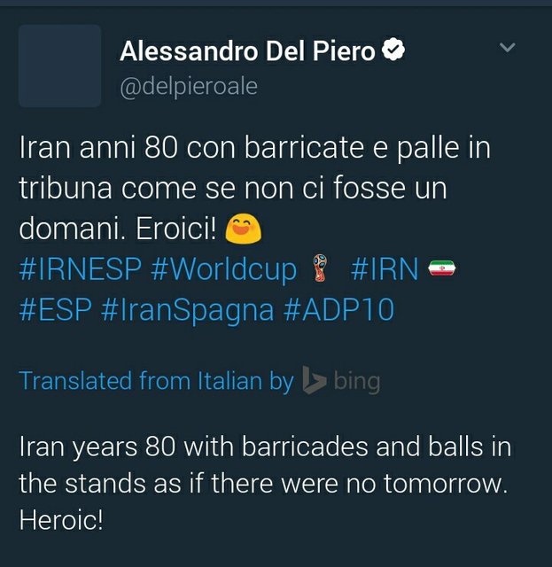 توییت دل‌پیرو در هنگام بازی ایران و اسپانیا