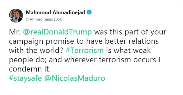 پیام انگلیسی احمدی‌نژاد به «ترامپ»، «مادورو» و مردم جهان! + تصویر