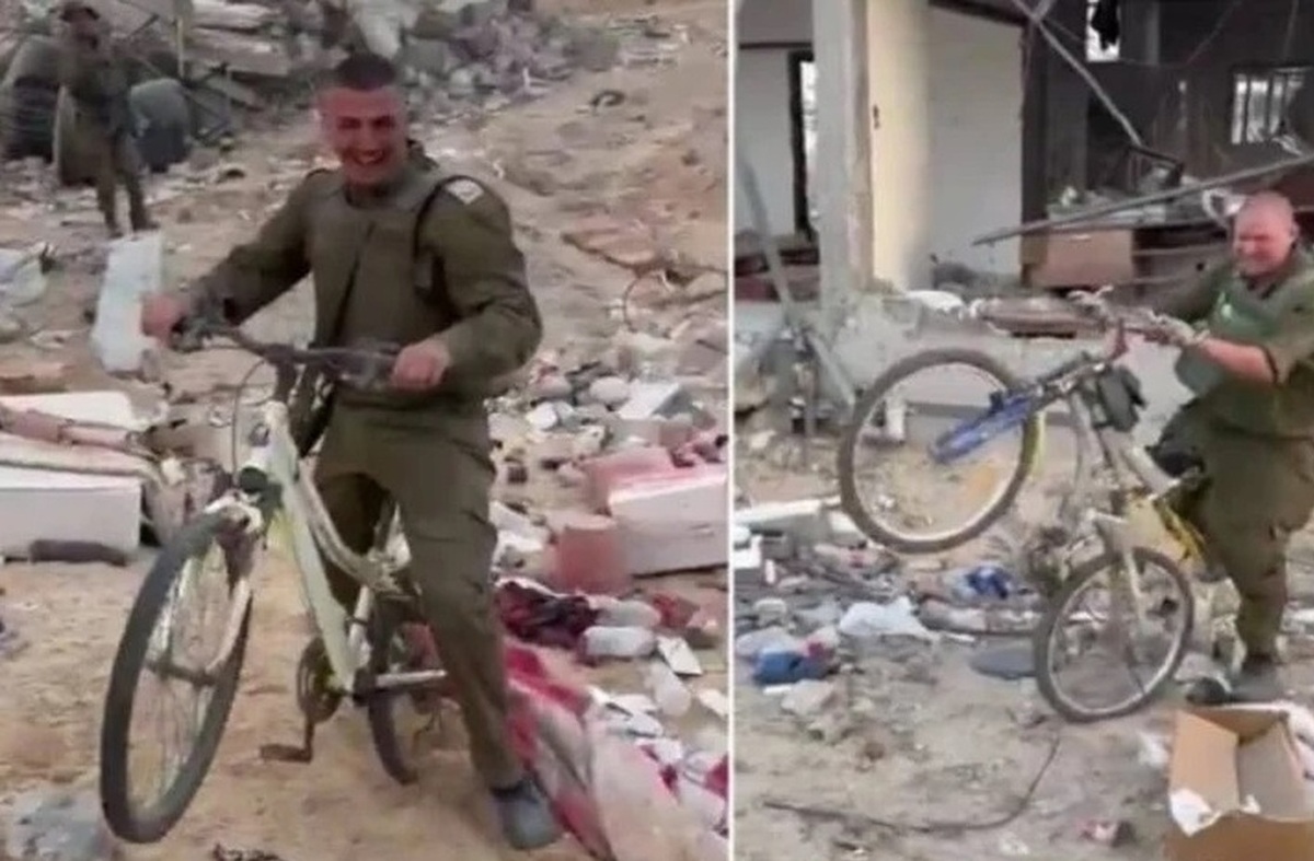فیلم| خنده و تفریح سربازان اسرائیلی با دوچرخه در غزه!