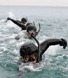  اعضای نیروی دریایی کره جنوبی در حال انجام تمرینات نجات پیش از شورع بازی‌های المپیک زمستانی در پیونگ چانگ، کره جنوبی.