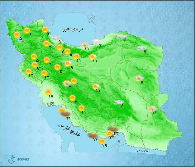 نقشه: دمای فعلی مراکز استان‌ها
