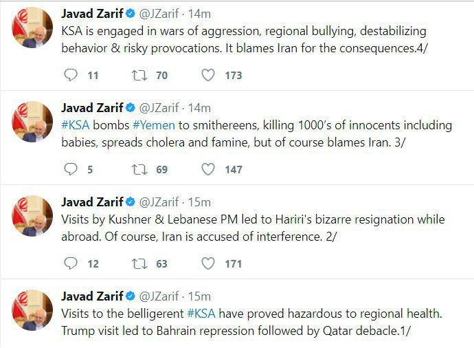واکنش ظریف به استعفای حریری و اتهامات عربستان به ایران