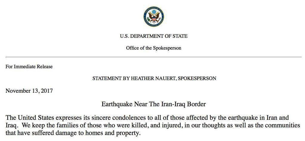 ابراز همدردی وزارت خارجه آمریکا با زلزله‌زدگان کرمانشاه