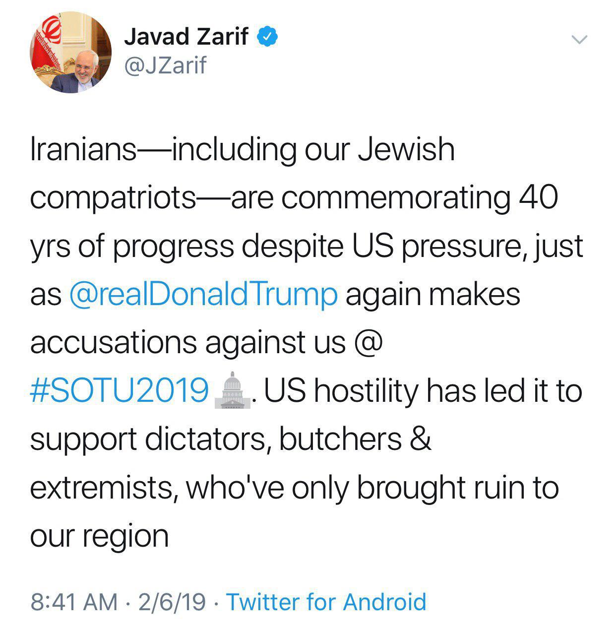 واکنش ظریف به سخنان ترامپ علیه ایران: ما ایرانی‌ها در حال جشن‌گرفتن ۴۰ سال پیشرفت هستیم| آمریکا از دیکتاتورها و تندروها حمایت می‌کند