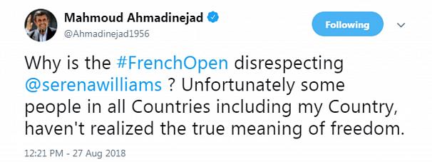 واکنش احمدی‌نژاد به ممنوعیت پوشش تنیس‌باز زن آمریکایی: تمام کشورها از جمله کشور من معنی واقعی آزادی را درک نکرده‌اند+عکس