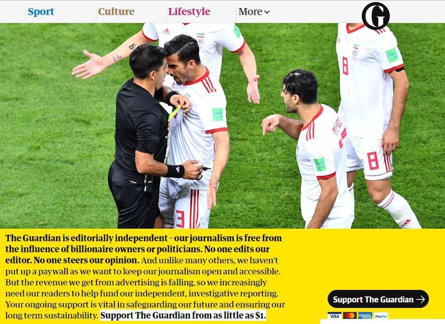 گزارش گاردین از خشونت علیه داوران فوتبال با تصویری از ملی پوشان ایران