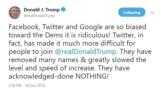 انتقاد ترامپ از گوگل، توئیتر و فیس‌بوک