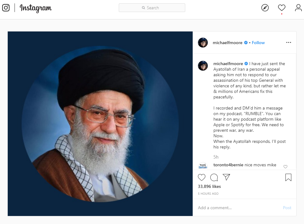 درخواست مایکل مور از رهبر انقلاب: از هیچگونه انتقام خشونتآمیز و تنشزا استفاده نشود تا من و میلیونها آمریکایی این مشکل را حل کنیم+عکس درخواست مایکل مور از رهبر انقلاب: از هیچگونه انتقام خشونتآمیز و تنشزا استفاده نشود تا من و میلیونها آمریکایی این مشکل را حل کنیم+عکس