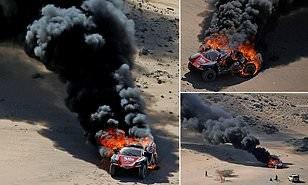 آتش گرفتن خودرو در رالی داکار ۲۰۲۰ عربستان+تصاویر