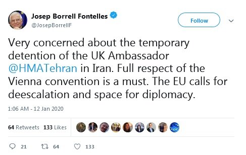 توئیت جوزف بورل درباره بازداشت آقای سفیر در تهران/عکس