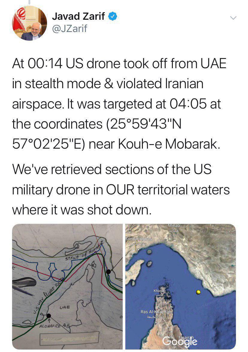 ظریف: تکه‌هایی از پهپاد آمریکا را از آب‌های سرزمینی خود بیرون آوردیم