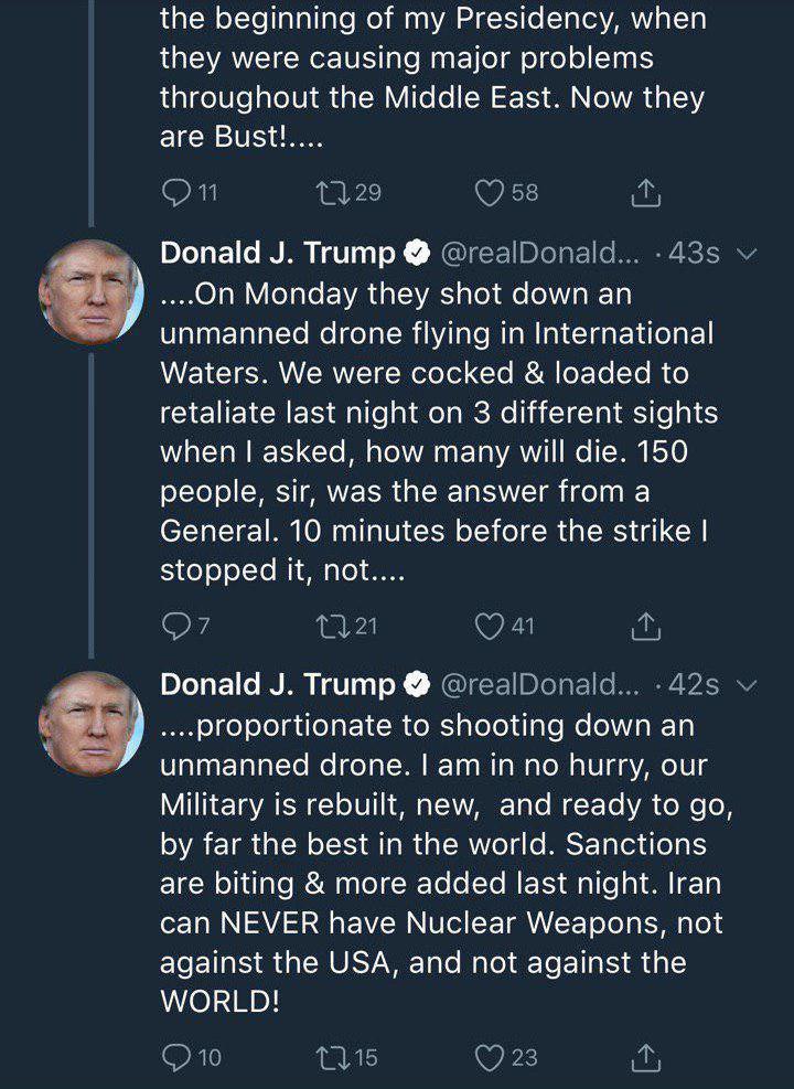 ترامپ: حمله به ۳ سایت ایران در دستور کار بود| بخاطر کشتهشدن احتمالی ۱۵۰ ایرانی، حمله را متوقف کردم| ارتش آمریکا آماده است| دیروز تحریمهای بیشتری علیه ایران وضع کردیم ترامپ: حمله به ۳ سایت ایران در دستور کار بود| بخاطر کشتهشدن احتمالی ۱۵۰ ایرانی، حمله را متوقف کردم| ارتش آمریکا آماده است| دیروز تحریمهای بیشتری علیه ایران وضع کردیم