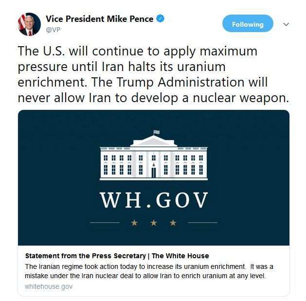 واکنش مایک پنس به اقدام قاطعانه ایران