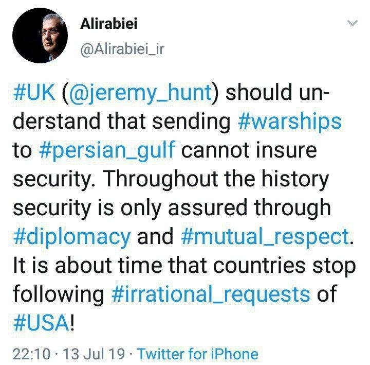 سخنگوی دولت خطاب به وزیرخارجه انگلیس: اعزام کشتی جنگی به خلیج فارس ضامن امنیت نیست سخنگوی دولت خطاب به وزیرخارجه انگلیس: اعزام کشتی جنگی به خلیج فارس ضامن امنیت نیست