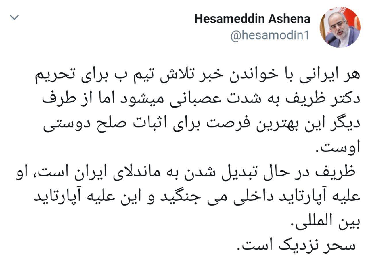 حسام الدین آشنا: ظریف در حال تبدیل شدن به ماندلای ایران است