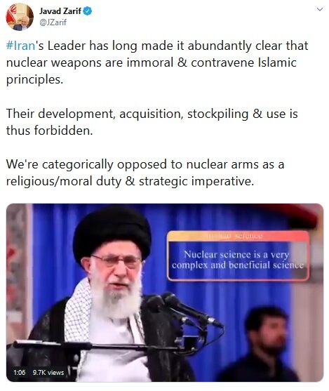 ظریف: ایران به دلیل اخلاقی، شرعی و راهبردی با سلاح هستهای مخالف است ظریف: ایران به دلیل اخلاقی، شرعی و راهبردی با سلاح هستهای مخالف است