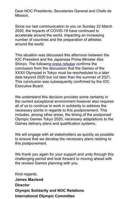 نامه رسمی IOC به کشورها در مورد تعویق المپیک نامه رسمی IOC به کشورها در مورد تعویق المپیک