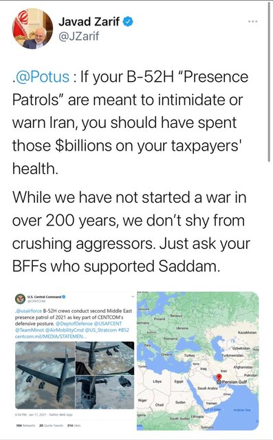 ظریف خطاب به مقامات آمریکایی: از درهم شکستن متجاوزان ابایی نداریم ظریف خطاب به مقامات آمریکایی: از درهم شکستن متجاوزان ابایی نداریم