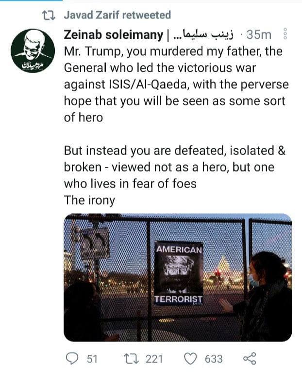 عکس| هشدار دختر سردار سلیمانی به ترامپ عکس| هشدار دختر سردار سلیمانی به ترامپ
