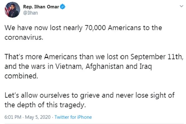 نماینده مسلمان کنگره آمریکا: قربانیان کرونا بیشتر از تلفات جنگهای آمریکا است نماینده مسلمان کنگره آمریکا: قربانیان کرونا بیشتر از تلفات جنگهای آمریکا است