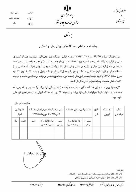 نوبخت به دستگاههای اجرایی ابلاغ کرد: افزایش ۵۰ درصد امتیازات فصل دهم منوط به نداشتن بار مالی جدید نوبخت به دستگاههای اجرایی ابلاغ کرد: افزایش ۵۰ درصد امتیازات فصل دهم منوط به نداشتن بار مالی جدید