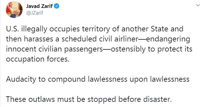 واکنش ظریف به مزاحمت جنگنده آمریکایی برای هواپیمای ماهان