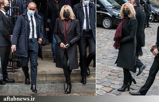 تصاویر| تیپ مشکلی همسر مکرون در مراسم تشییع جنازه خواننده فرانسوی