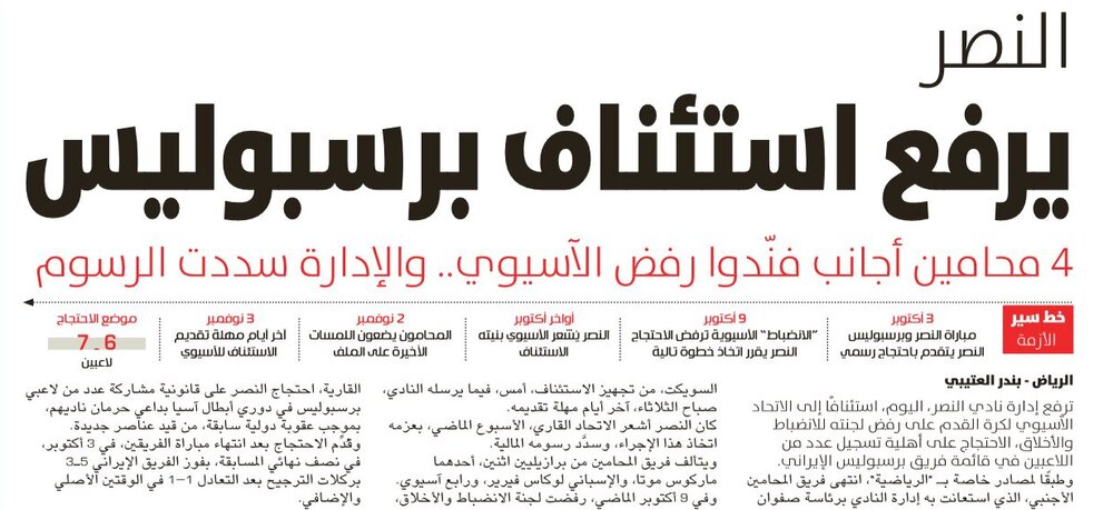 ارسال شکایت النصر از پرسپولیس به AFC با کمک ۴ وکیل خارجی