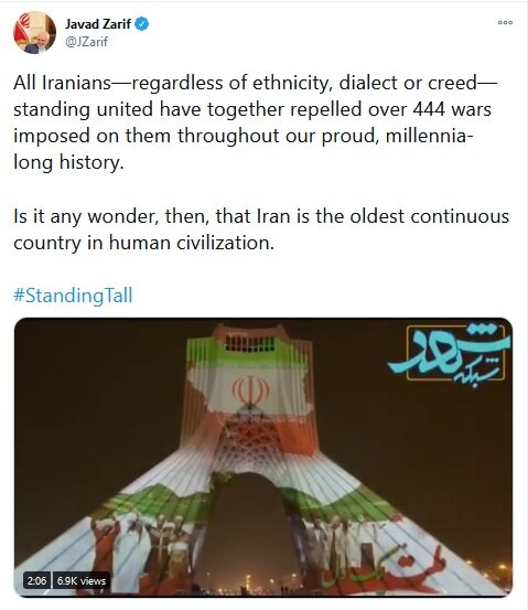 ظریف: ایرانیان در کنار هم بیش از ۴۴۴ جنگ تحمیلی علیه خود را دفع کرده‌اند