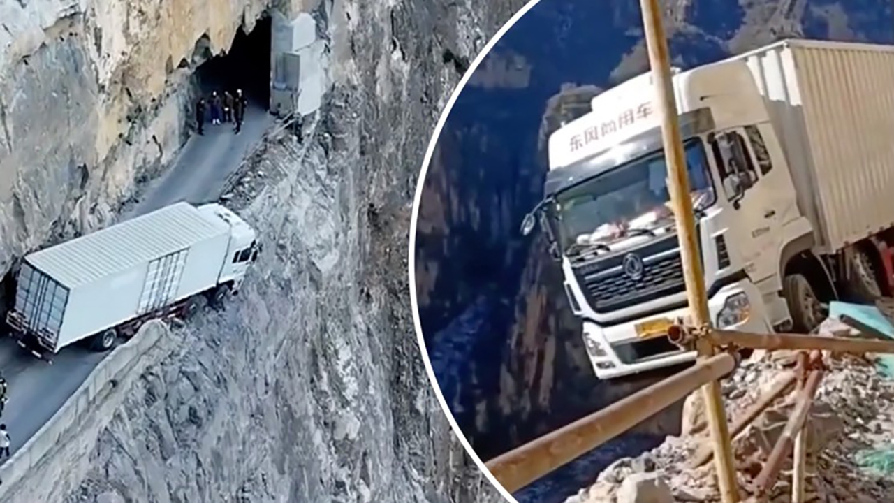 فیلم| گیر کردن یک تریلی در میان زمین و آسمان