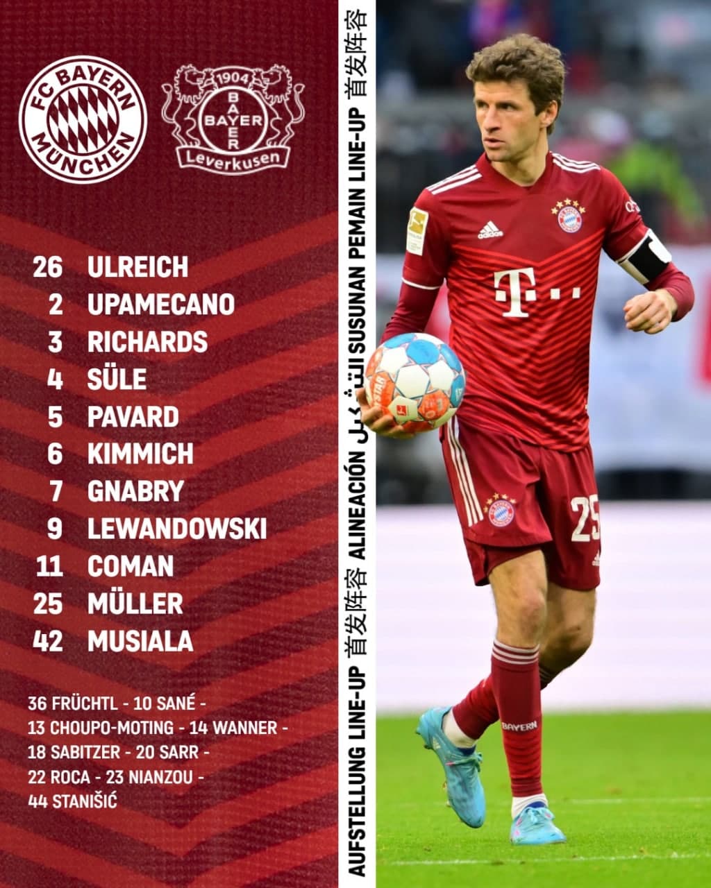 اعلام ترکیب دو تیم بایرن مونیخ و بایر لورکوزن