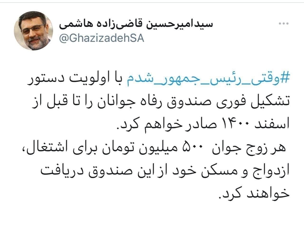 قاضیزاده هاشمی: اگر رییسجمهور شوم به هر زوج ۵۰۰ میلیون میدهم قاضیزاده هاشمی: اگر رییسجمهور شوم به هر زوج ۵۰۰ میلیون میدهم