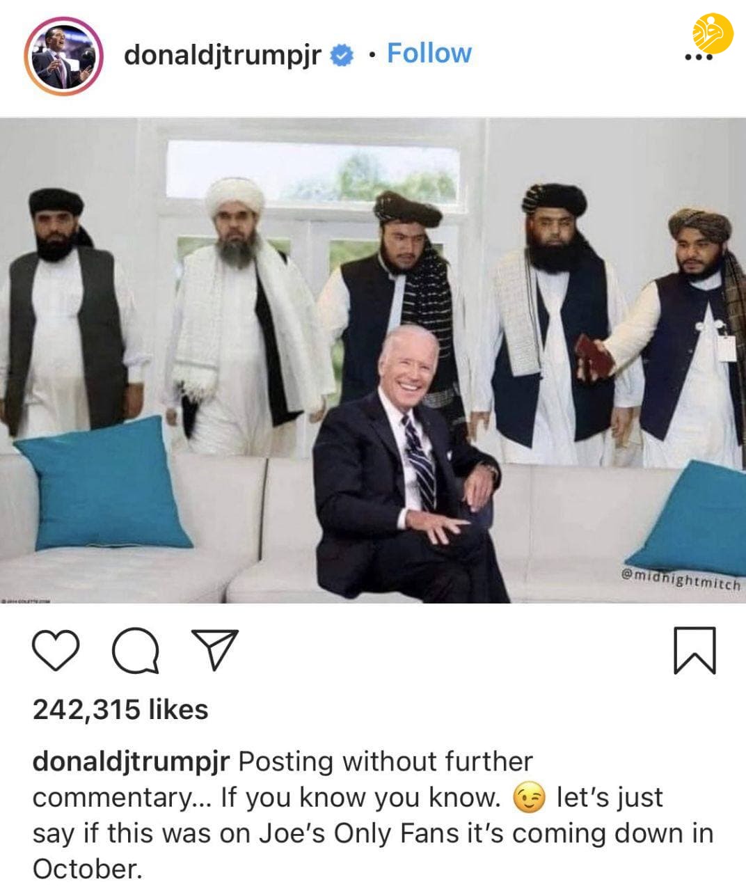 تصویر عجیبی که پسر ترامپ از جو بایدن و طالبان منتشر کرد!