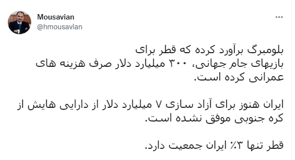 مقایسه هشداردهنده حسین موسویان از دو رقم مالی مربوط به ایران و قطر