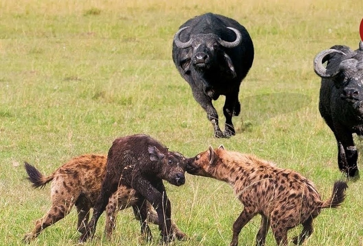 فیلم| کفتارها با فریب بوفالوی مادر، گوساله را دزدیدند!