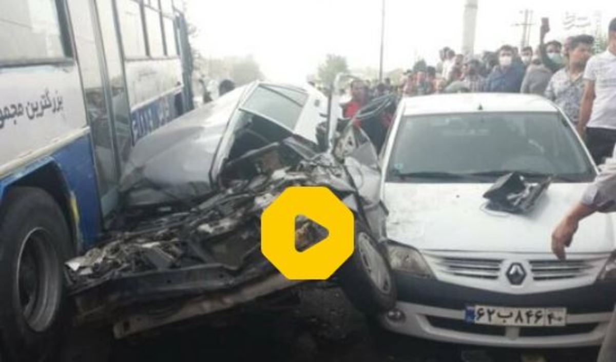 فیلم| انحراف اتوبوس و تصادف با ۲۰ خودرو در کرج