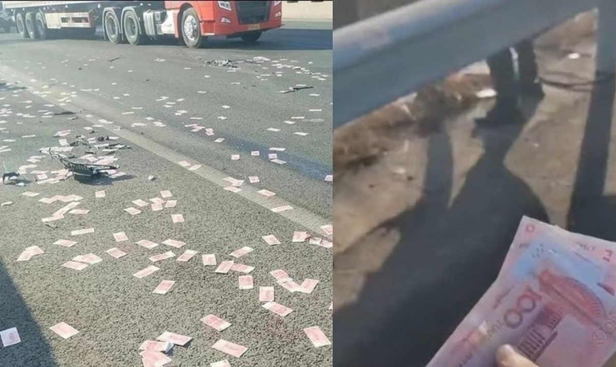فیلم| تصادف شدید یک خودرو بزرگراه را مملو از اسکناس کرد