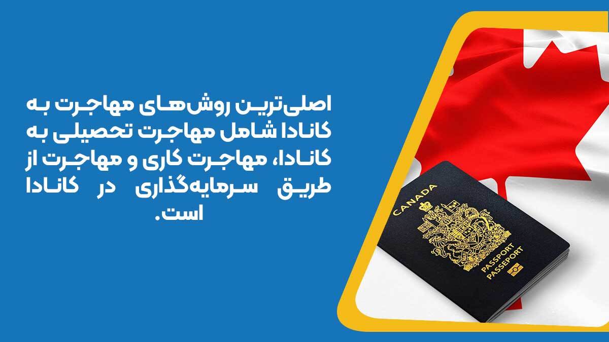 اصلی‌ترین روش‌های مهاجرت به کانادا شامل مهاجرت تحصیلی به کانادا، مهاجرت کاری و مهاجرت از طریق سرمایه‌گذاری در کانادا است.