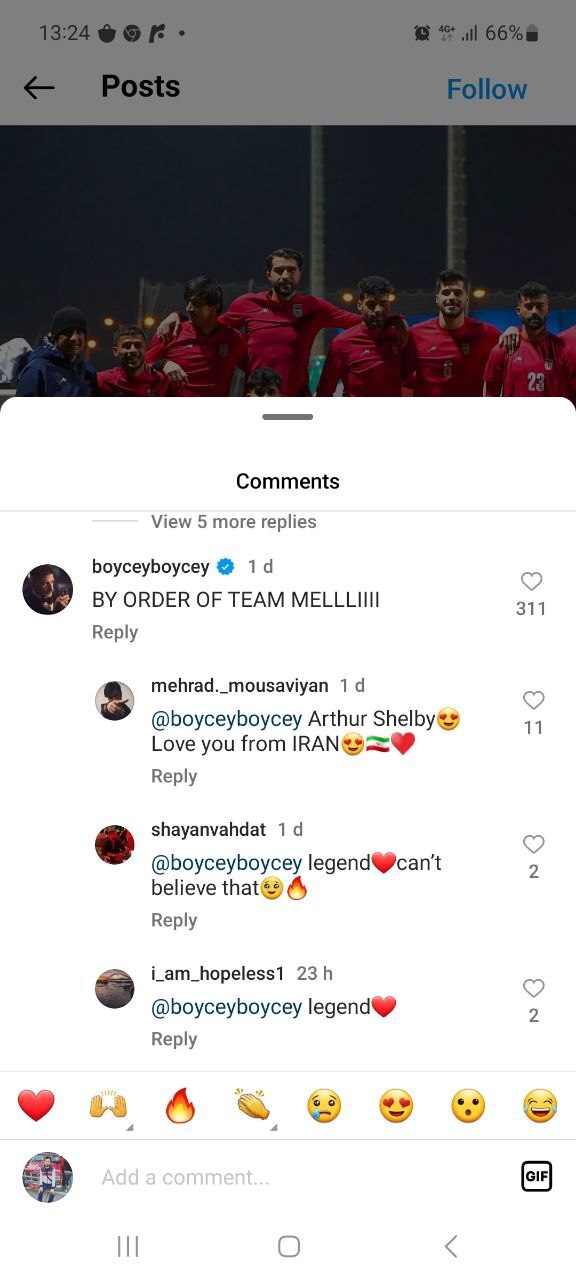 عکس| حمایت بازیگر پیکی‌بلایندرز از تیم ملی ایران