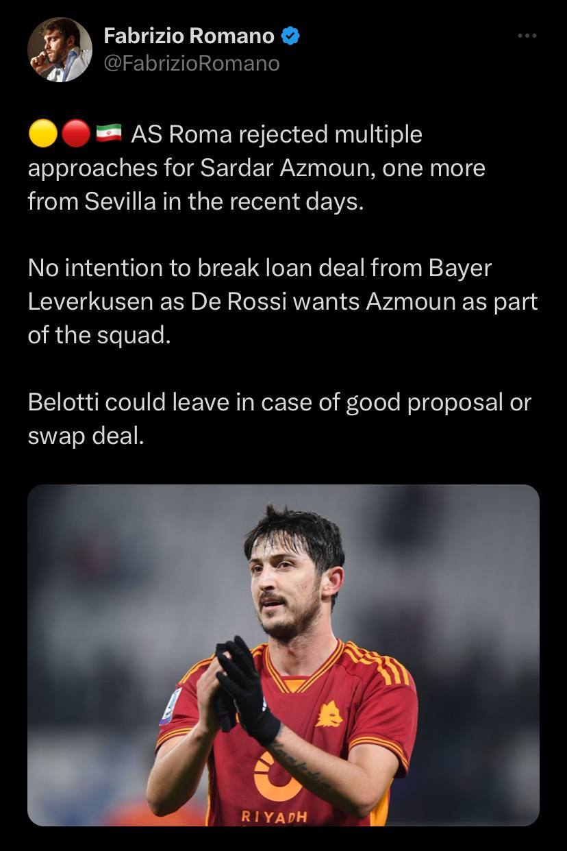 عکس| جایگاه ویژه سردار در تیم دروسی؛ رم به آزمون اجازه جدایی نمیدهد! عکس| جایگاه ویژه سردار در تیم دروسی؛ رم به آزمون اجازه جدایی نمیدهد!