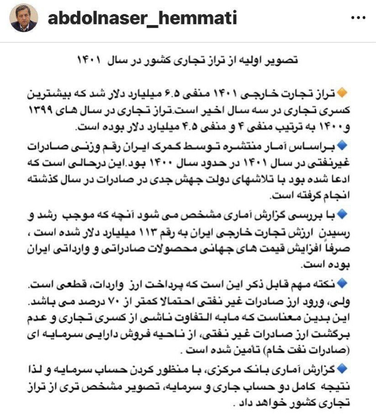 رقم کسری تجاری ایران از زبان همتی